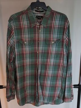 Eddie Bauer Green Plaid Shirt with Red & White Stripes